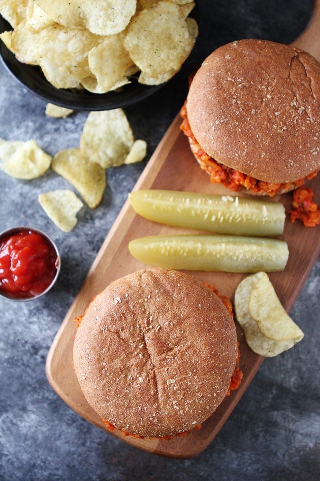 Cauliflower Lentil Sloppy Joes Recipe on twopeasandtheirpod.com Easy vegan and gluten free sloppy joes that are kid friendly. Serve on a bun or in lettuce wraps for a delicious meal! Cauliflower Lentil Sloppy Joes Recipe