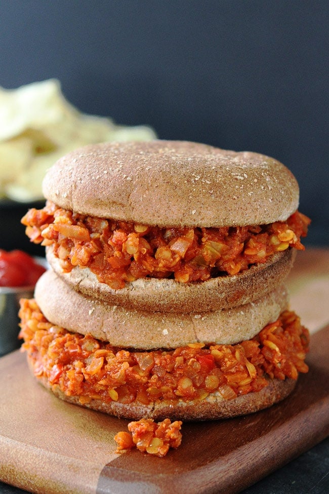 Cauliflower Lentil Sloppy Joes Recipe on twopeasandtheirpod.com These easy and healthy sloppy joes are kid friendly and a dinner favorite! Serve on a bun or in lettuce wraps for a delicious meal! Cauliflower Lentil Sloppy Joes Recipe