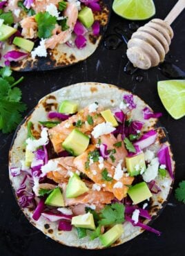 Honey and lime glazed salmon fish tacos