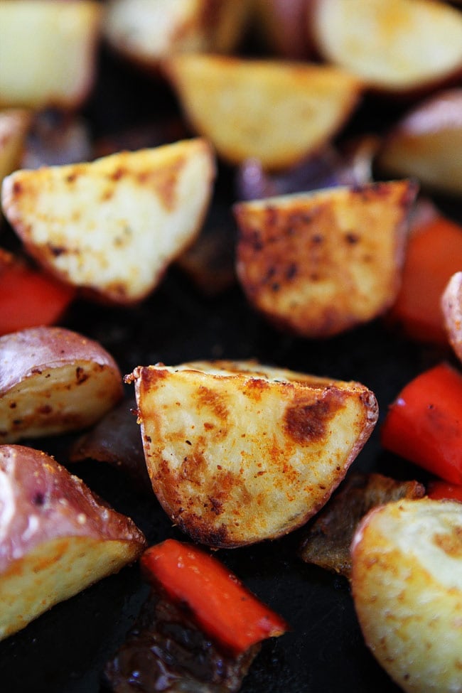Roasted Breakfast Potatoes Recipe on twopeasandtheirpod.com These easy and crispy breakfast potatoes are roasted in the oven and made on one pan! They are the BEST! Closeup of perfectly Roasted Breakfast Potatoes