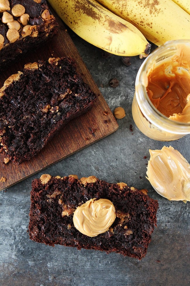 Chocolate Peanut Butter Banana Bread Moist chocolate banana bread with a peanut butter swirl and peanut butter chips on top! This quick and easy banana bread recipe is the BEST!