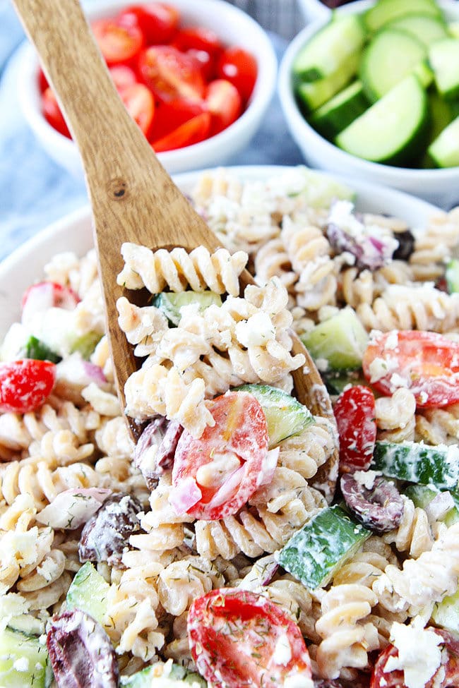 Creamy Greek Pasta Salad made with a simple Greek yogurt dressing Creamy Pasta Salad with Feta