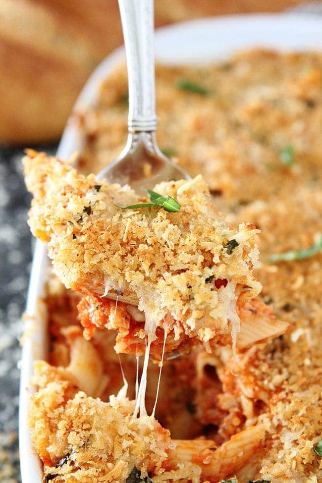 Chicken Parmesan Baked Pasta-chicken parmesan and cheesy baked pasta in one pan! This easy cheese baked pasta is a family favorite dinner!