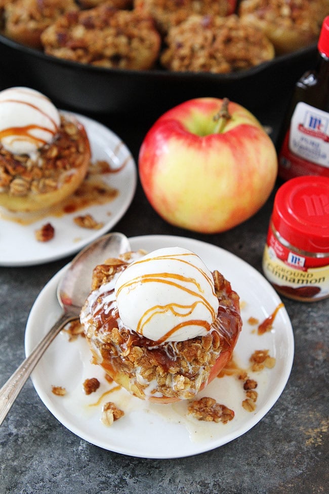 Baked Apples with brown butter cinnamon streusel topping and ice cream