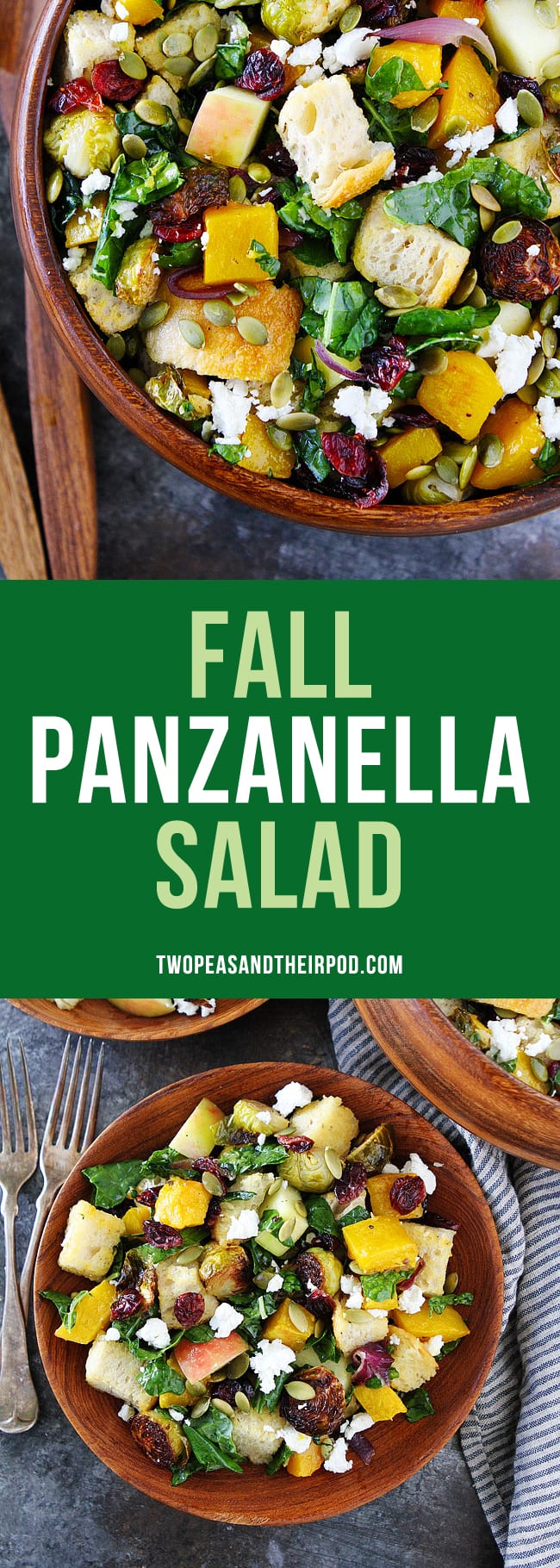 Fall Panzanella Salad-bread salad with butternut squash, brussels sprouts, apple, dried cranberries, pepitas, goat cheese, and kale. This easy fall salad is the perfect side dish for Thanksgiving! #vegetarian #salad #Thanksgiving