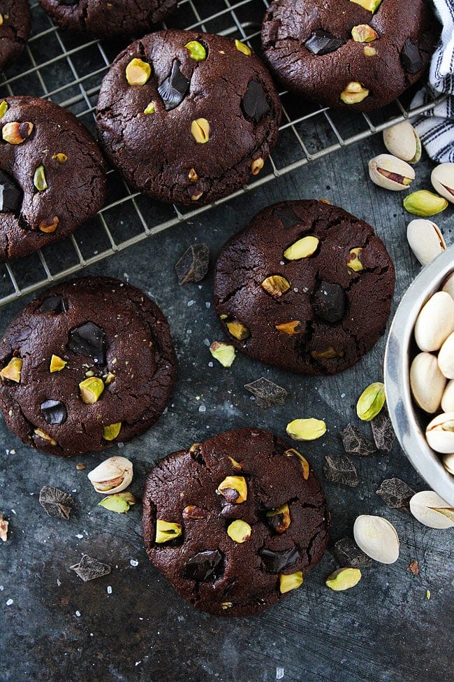 Chocolate Pistachio Cookies-chocolate cookies with chocolate chunks, pistachios, and a sprinkling of sea salt. These cookies are a great Christmas cookie or any day cookie!