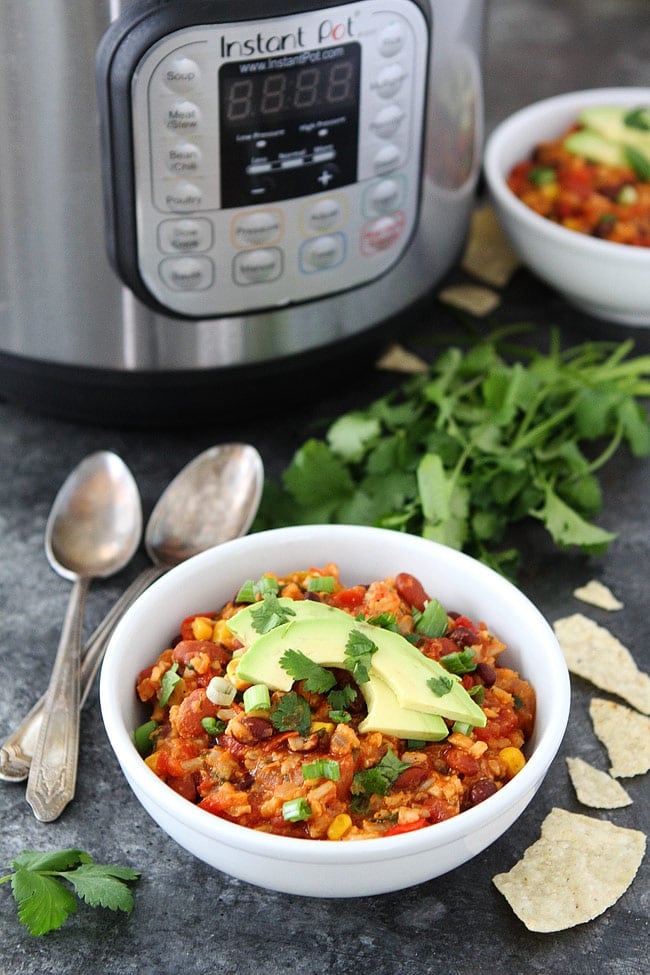 Easy Mexican Rice Casserole is made in the Instant Pot and an easy weeknight dinner! #vegetarian #glutenfree #InstantPot #pressurecooker Easy Mexican Rice Casserole
