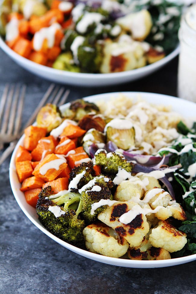 Roasted Vegetable Quinoa Bowls are the perfect healthy lunch or dinner. The perfect meal prep recipe too! Make on Sunday and eat all week! #mealprep #vegan #glutenfree #vegetarian #healthyrecipe Quinoa Bowl Recipe