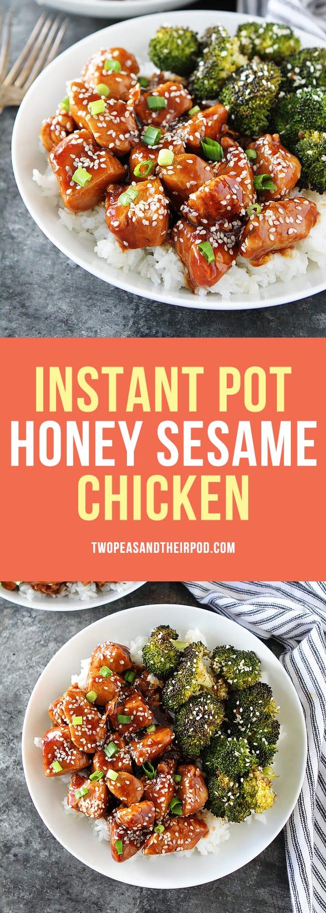 Honey Sesame Chicken made in the Instant Pot is a family favorite chicken dinner! It only takes 25 minutes to make and is MUCH better than takeout! #chicken #chickenrecipe #dinner #chickendinner #instantpot #easyrecipes