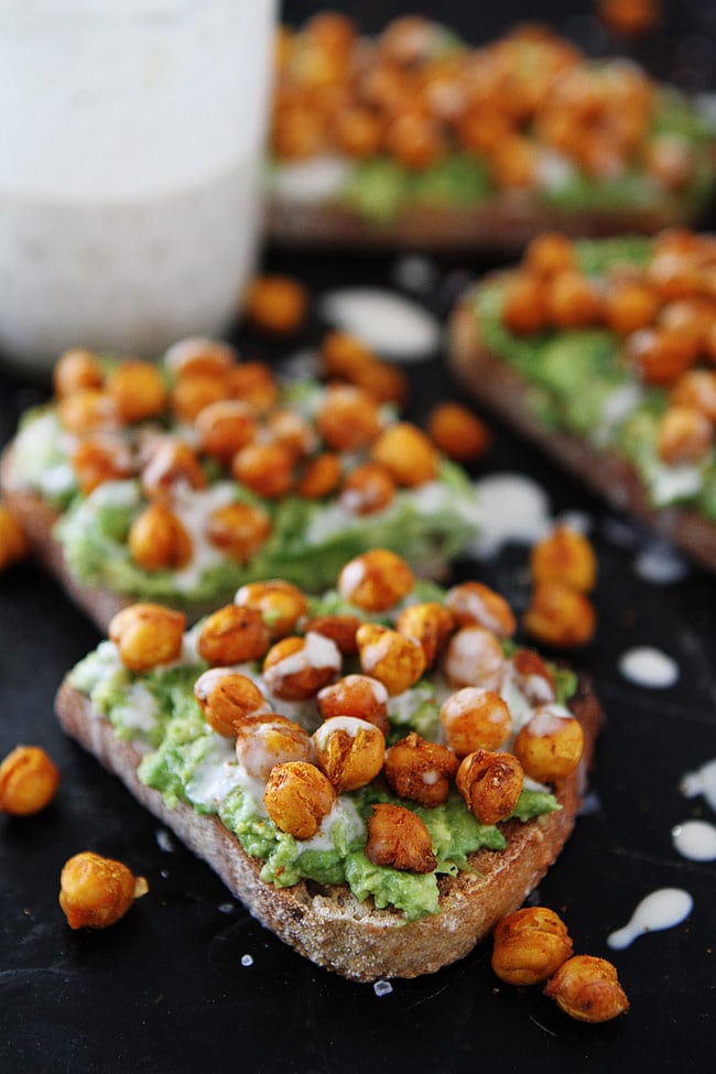 Roasted Chickpea Avocado Toast is a simple healthy breakfast, lunch, or snack! #vegan #vegetarian #healthyrecipes #avocadotoast #chickpeas Easy Roasted Chickpea Avocado Toast