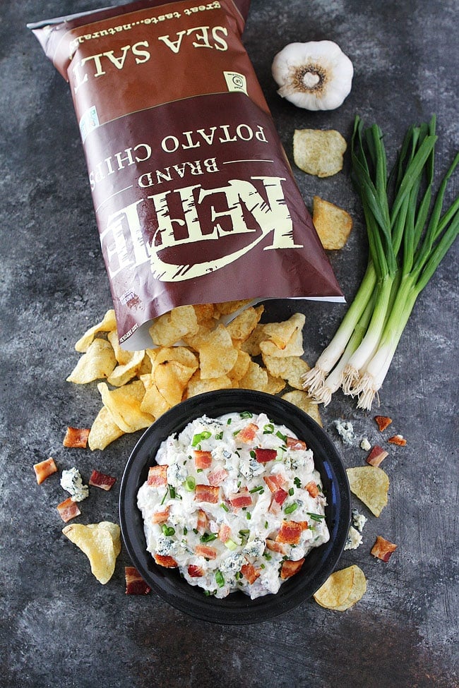 Roasted Garlic Bacon Blue Cheese Dip is a great appetizer or snack! It is always a hit at parties! #dip #bacon #cheese #appetizer #snack Bacon Cheese Dip with chips