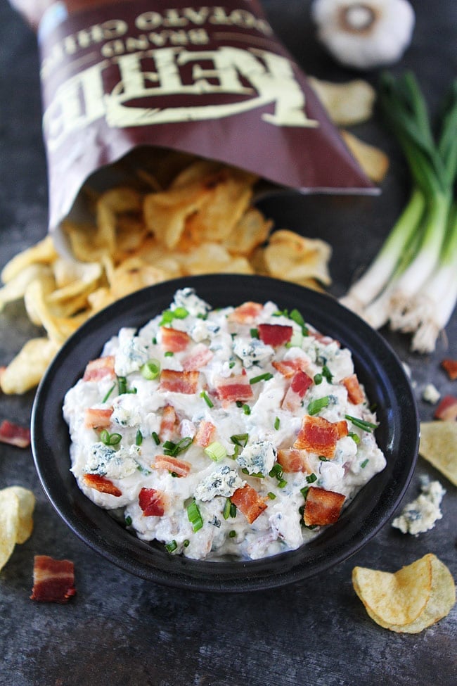 Roasted Garlic Bacon Blue Cheese Dip-this easy chip dip is always a hit at parties! #dip #bacon #appetizer #snack #cheese Easy Roasted Garlic Bacon Blue Cheese Dip