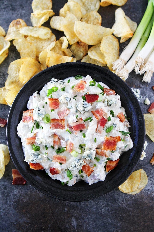 Roasted Garlic Bacon Blue Cheese Dip is the perfect chip dip for parties and game day. #dip #appetizer #snack #bacon #bluecheese #garlic #footballfood Roasted Garlic Bacon Blue Cheese Dip