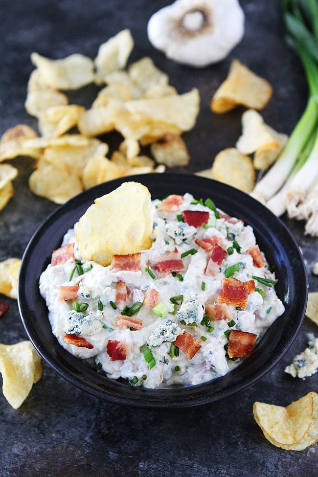 Roasted Garlic Bacon Blue Cheese Dip is the perfect chip dip for parties, game day, or every day snacking. #dip #partyfood #appetizer #snack Bacon Blue Cheese Dip Recipe