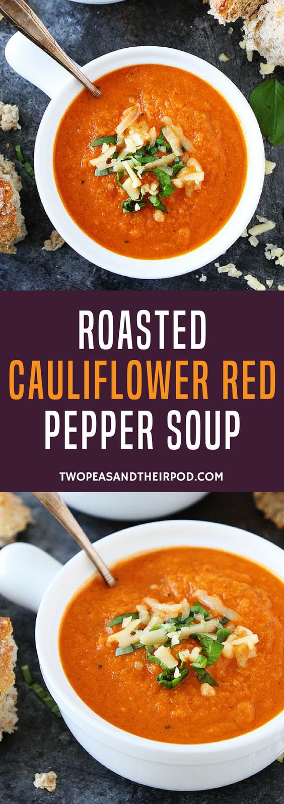Roasted Cauliflower Red Pepper Soup is an easy and healthy vegetarian soup that is great for lunch or dinner. #soup #souprecipes #cauliflower #vegetarian #glutenfree #healthyrecipes
