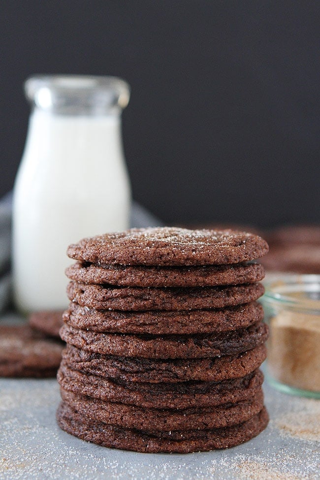 Chocolate Snickerdoodles are soft, chewy and SO delicious! They will remind you of a classic snickerdoodle cookie but CHOCOLATE! #cookies #snickerdoodle #cookierecipe #chocolate Chocolate Snickerdoodle Cookie Stack