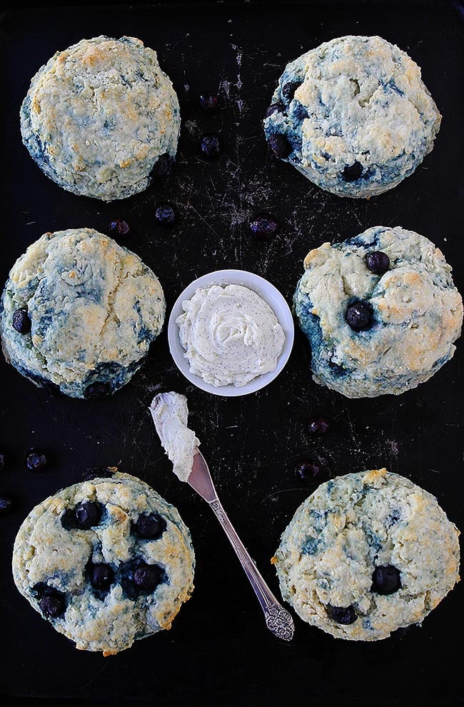 Blueberry Cream Cheese Biscuits with Salted Vanilla Butter #breakfast #brunch #biscuit #blueberry #creamcheese #buttermilk Blueberry Cream Cheese Biscuits on pan