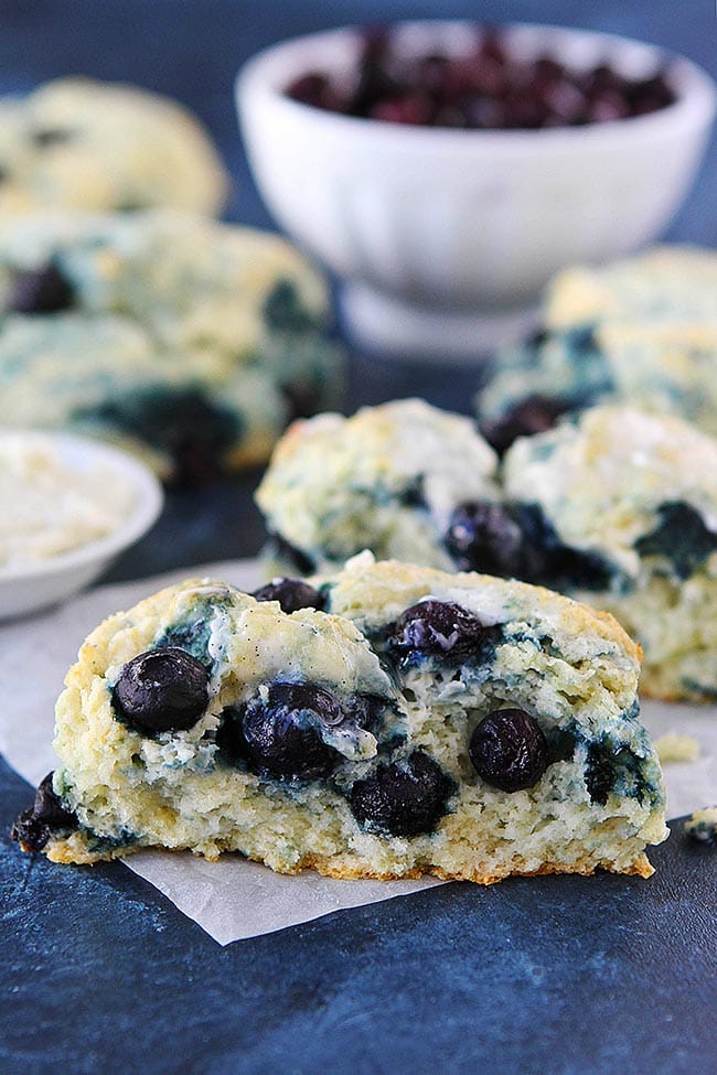 Blueberry Cream Cheese Biscuits are the perfect treat for breakfast or brunch! #biscuit #blueberry #creamcheese #buttermilk #breakfast #brunch Blueberry Cream Cheese Biscuit half