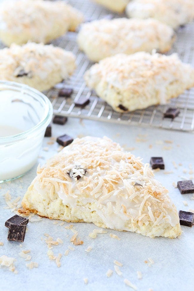 Coconut Chocolate Chunk Scones are a great breakfast treat! #scones #coconut #chocolate #breakfast #Easter Coconut Chocolate Chunk Scones