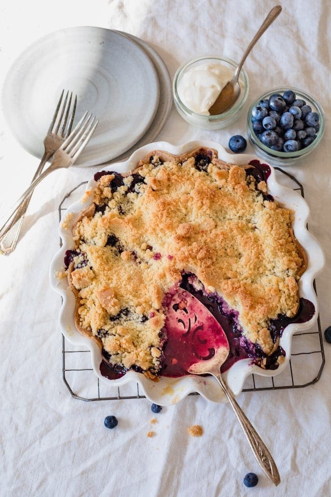 Blueberry Crumble Pie is the perfect summer dessert! Serve with vanilla ice cream or whipped cream. #pie #pierecipe #blueberry #blueberrypie #piecrust #baking #dessert #summer Blueberry Crumble Pie Recipe