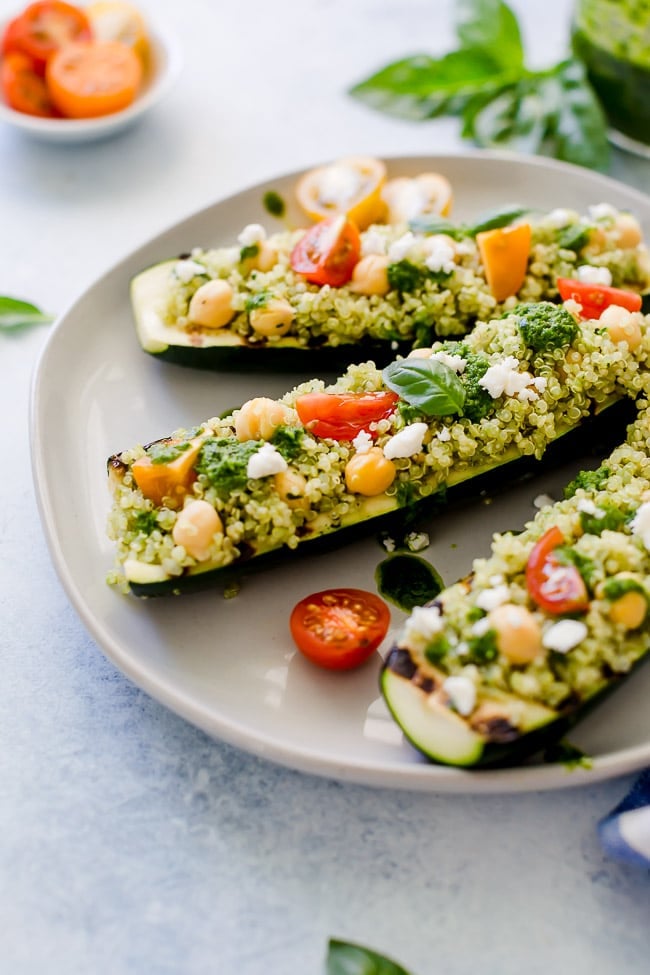 Grilled Zucchini Boats With Quinoa, Chickpeas, Tomatoes, And Basil Vinaigrette-This Gluten-Free And Vegetarian Recipe Is The Perfect Meal Or Side Dish For Summer! #zucchini #healthyrecipe #easyrecipe #summer #zucchinirecipe #vegetarian #glutenfree #vegan Grilled Zucchini Boats Recipe
