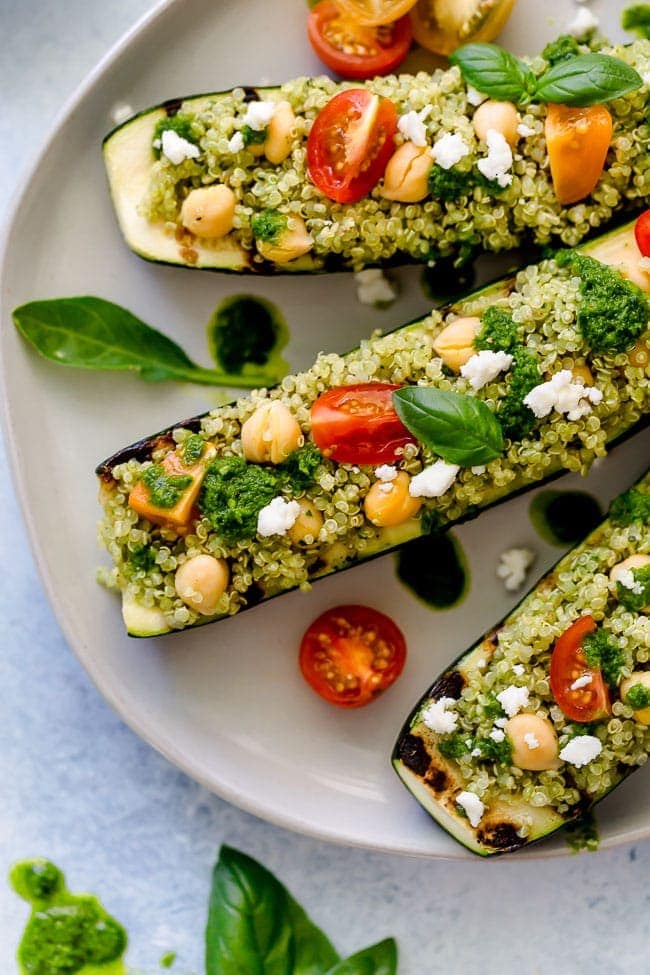 Grilled Zucchini Boats With Quinoa, Chickpeas, Tomatoes, And Basil Vinaigrette-This Gluten-Free And Vegetarian Recipe Is The Perfect Meal Or Side Dish For Summer! #zucchini #healthyrecipe #easyrecipe #summer #zucchinirecipe #vegetarian #glutenfree #vegan #basil Zucchini Boats Recipe