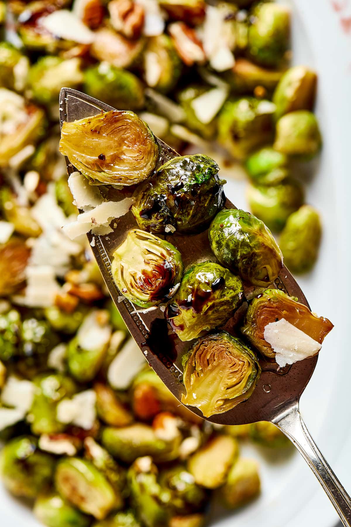 This roasted brussels sprouts recipe uses balsamic vinegar for an easy and flavorful Italian side dish that's healthy and vegetarian. A serving spoon with a serving of roasted Brussels sprouts on it, with a pan of Brussels sprouts covered in parmesan flakes in the background