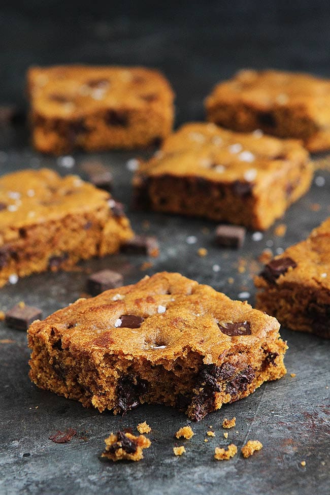 Brown Butter Pumpkin Chocolate Chunk Bars With Sea Salt Are The Perfect Dessert For Fall! The Brown Butter Makes These Easy Pumpkin Bars Extra Special! #pumpkin #bars #chocolate #brownbutter #dessert #fall #baking Brown Butter Pumpkin Bars with Chocolate Chunks and Sea Salt