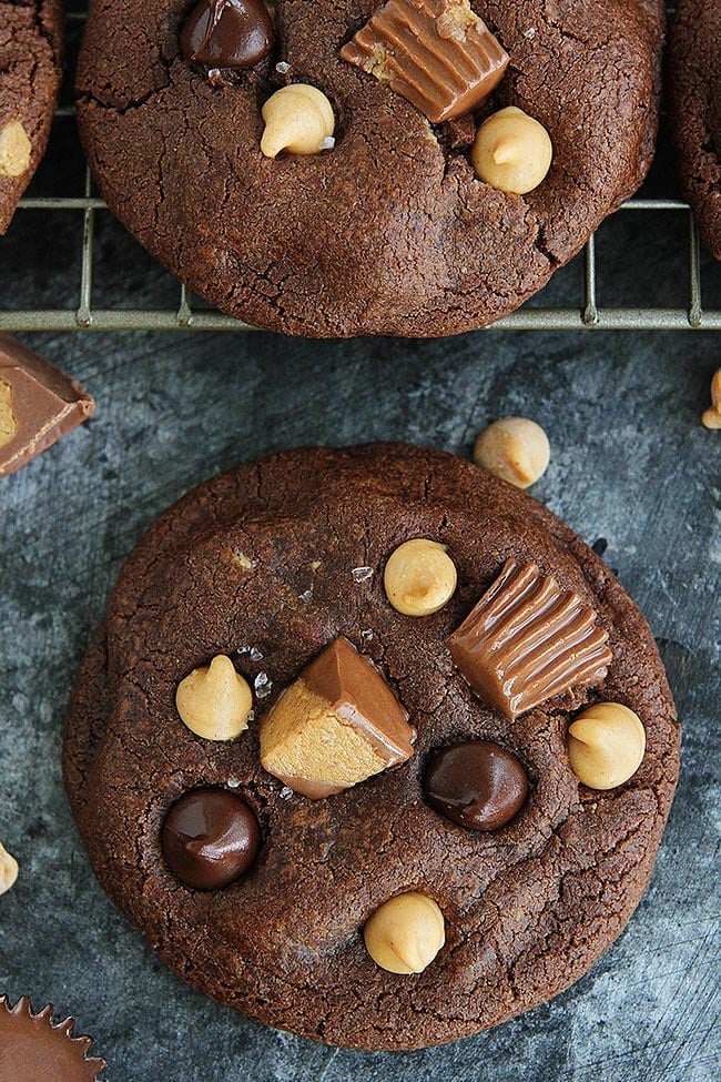 Chocolate Peanut Butter Cookies-These Decadent Chocolate Cookies Are Loaded With Peanut Butter Cups, Peanut Butter Chips, And Chocolate Chips! If You Love Chocolate And Peanut Butter, These Cookies Are For You! #chocolate #peanutbutter #cookies #baking #dessert #peanutbuttercups #candy #reeses How to make Chocolate Peanut Butter Cookies