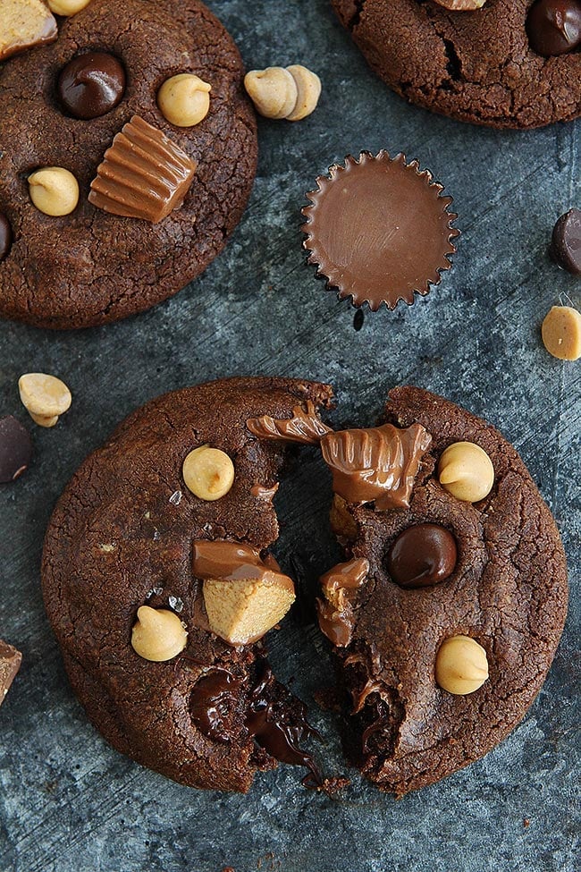 Chocolate Peanut Butter Cookies-These Decadent Chocolate Cookies Are Loaded With Peanut Butter Cups, Peanut Butter Chips, And Chocolate Chips! If You Love Chocolate And Peanut Butter, These Cookies Are For You! #chocolate #peanutbutter #cookies #baking #dessert #peanutbuttercups #candy #reeses Chocolate Peanut Butter Cookies Recipe