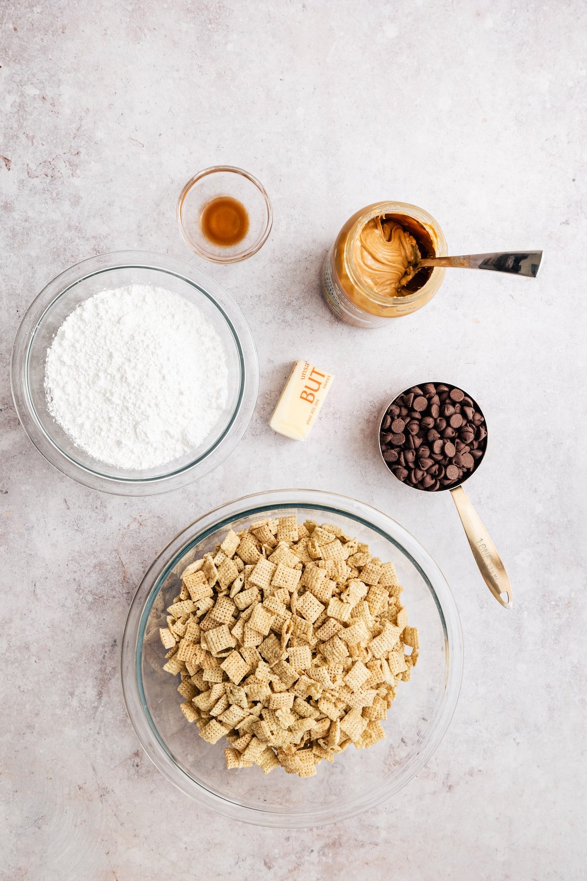 The ingredients to make homemade puppy chow.