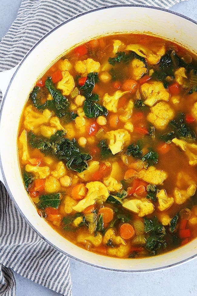 Turmeric Chickpea Vegetable Soup-this healthy vegetable soup is vegan, gluten-free, and SO delicious! #soup #vegetablesoup #vegan #glutenfree #vegetarian #healthyrecipe #easyrecipe #souprecipe Healthy Turmeric Chickpea Vegetable Soup Recipe