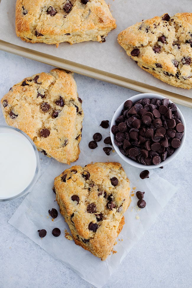 Chocolate Chip Scones-These Soft And Tender Scones Are Dotted With Chocolate Chips And Will Remind You Of A Chocolate Chip Cookie! One Of Our Favorite Treats To Enjoy For Breakfast, Brunch, Or Dessert! #scones #chocolate #chocolatechip #baking #breakfast #sconerecipe #valentinesday Easy Chocolate Chip Scones
