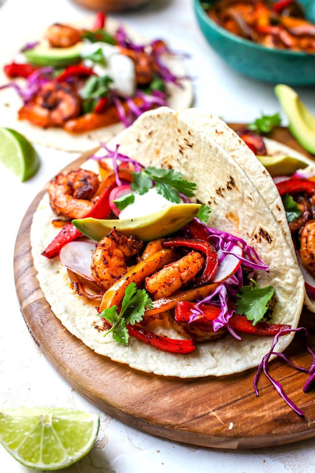 Shrimp Fajitas in tortilla with avocado