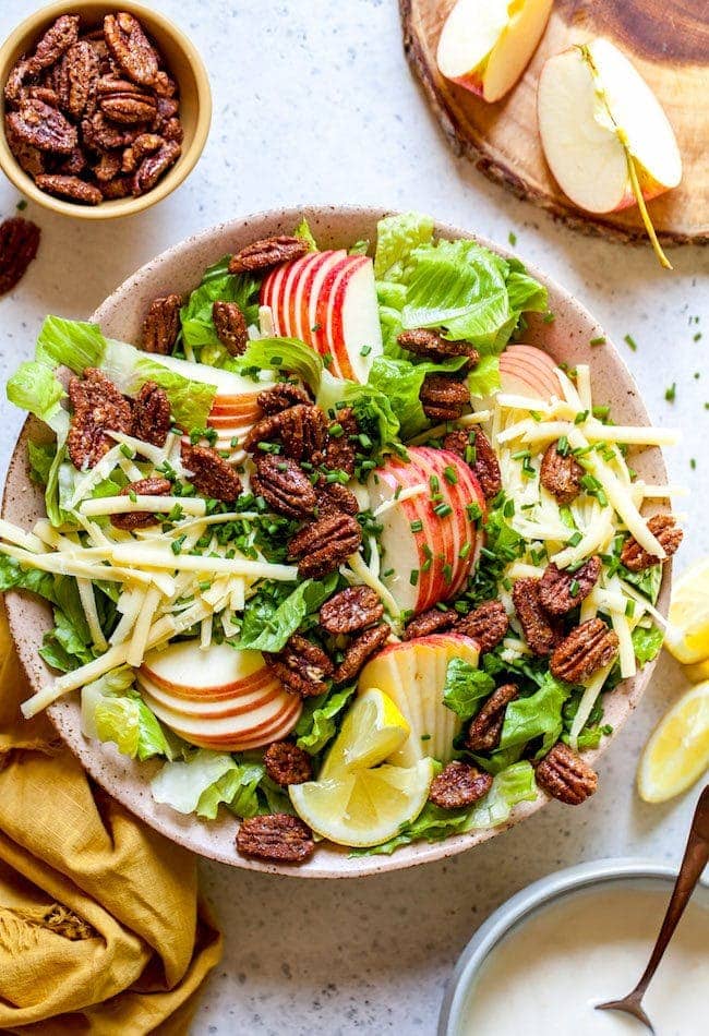 Apple Pecan Salad with Creamy Lemon Dressing in bowl. 
