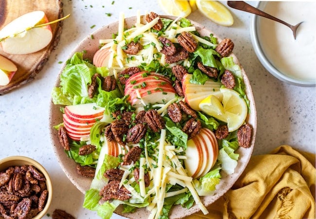 Easy Apple Pecan Salad with Creamy Lemon Dressing in bowl.
