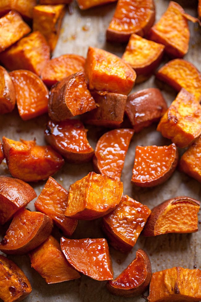 maple roasted sweet potatoes on sheet pan. 