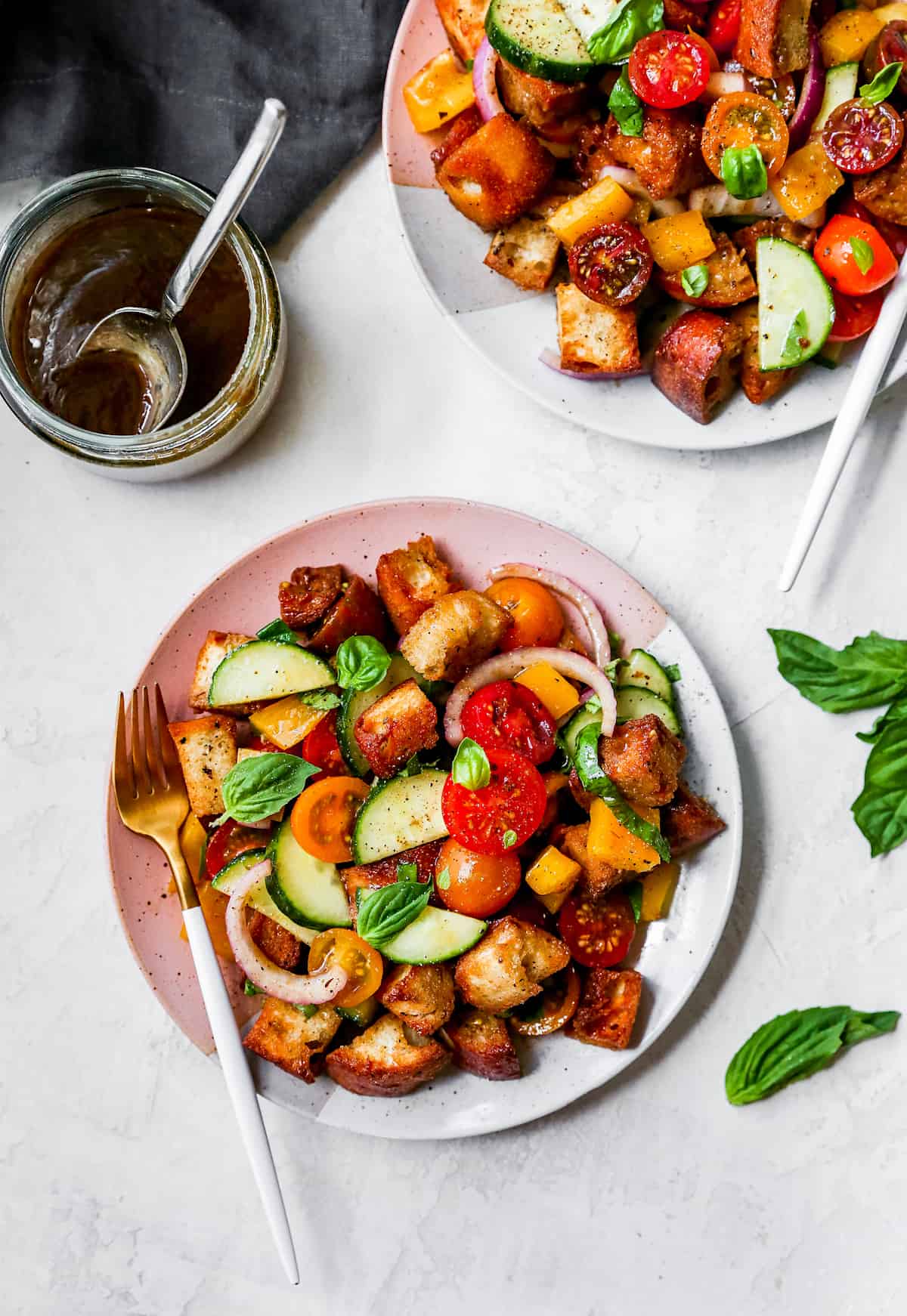 Panzanella on a plate with fork.