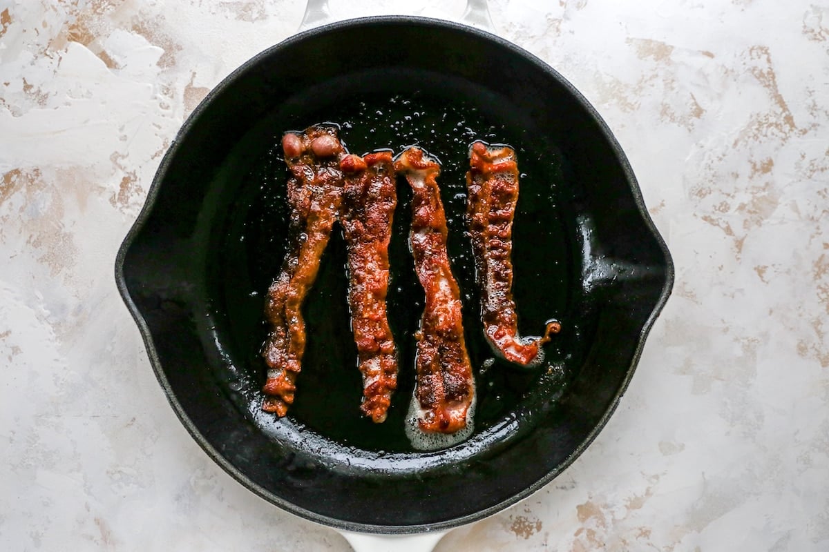bacon in skillet for brussels sprouts with bacon recipe.