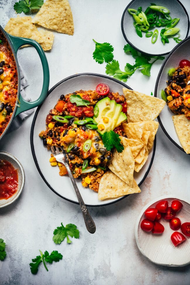 vegetarian taco skillet on plate with chips