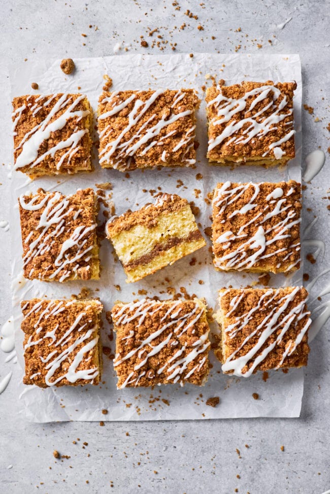 classic coffee cake cut into squares.