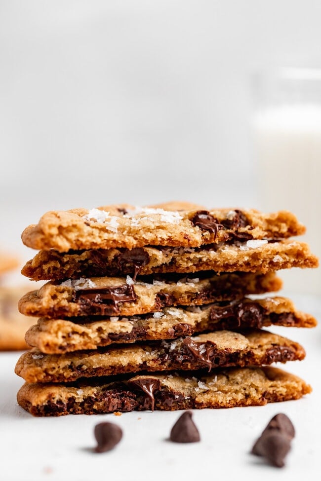 crispy chocolate chip cookies stacked
