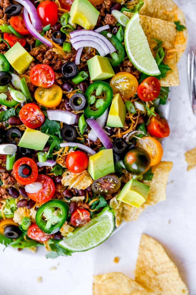 close up of taco salad on platter.