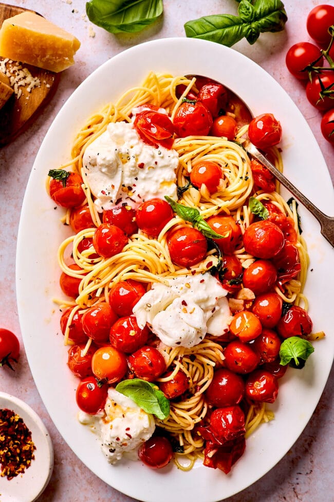 burst cherry tomato pasta with burrata