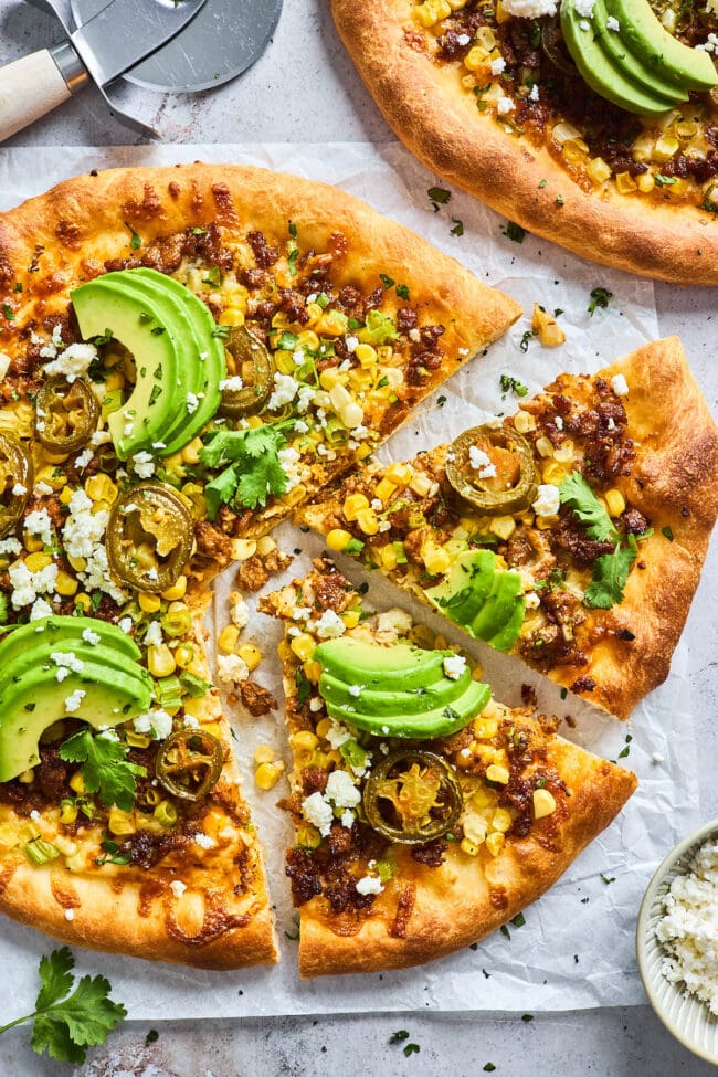 chorizo corn pizza slices