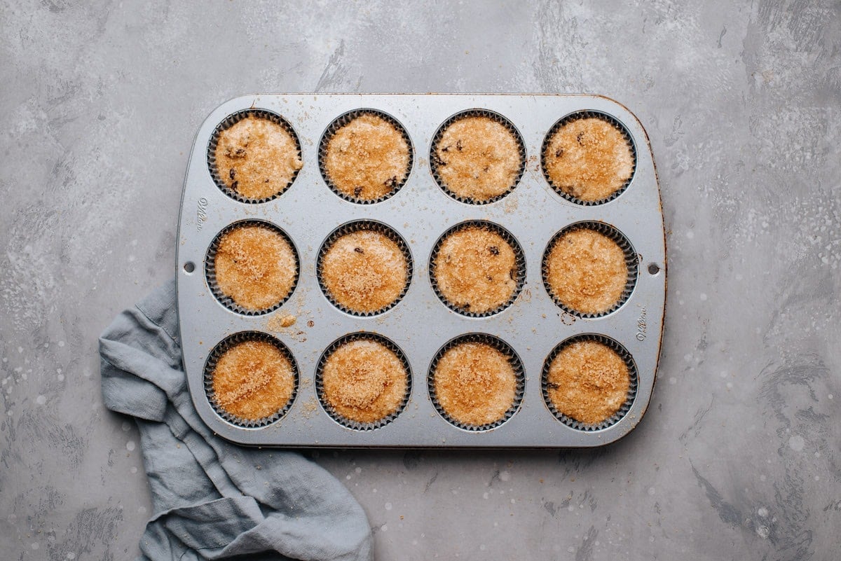 healthy banana muffin batter in muffin tin.