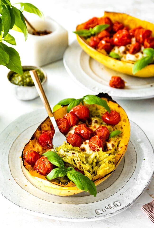 Spaghetti Squash with Pesto, Mozzarella, and Roasted Tomatoes