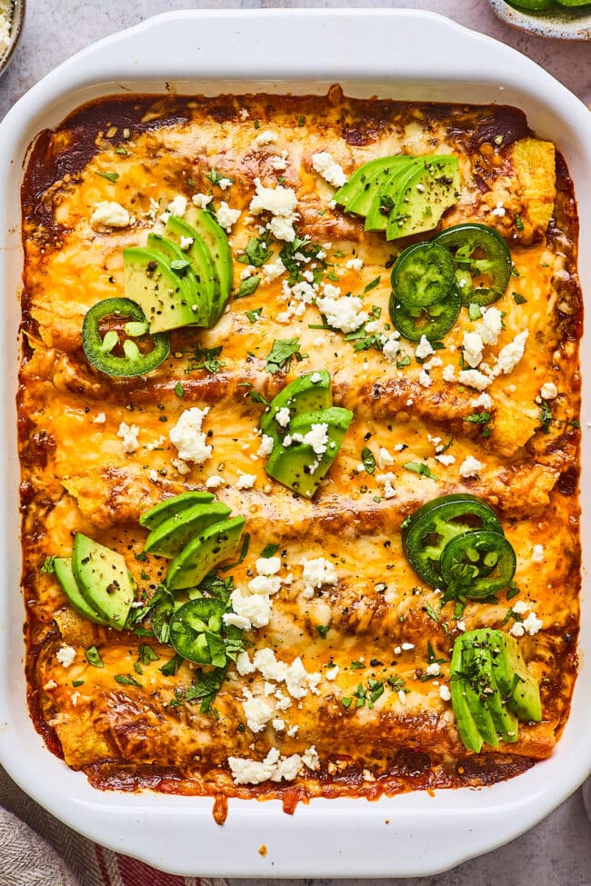 chicken enchiladas in pan.