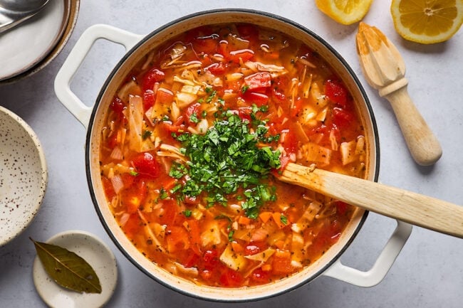 cabbage soup in large pot with wooden spoon and fresh parsley.