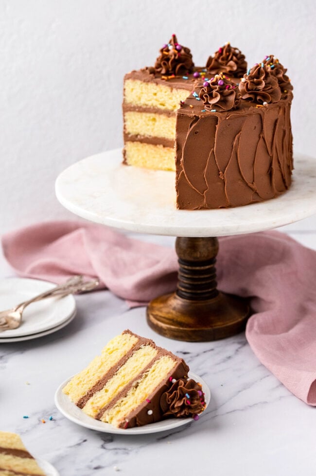 yellow cake with chocolate frosting